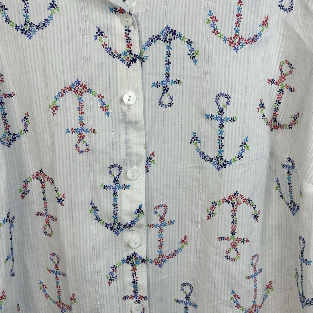 Alfred Dunner Anchor Print Shirt Women 2X Button Long Sleeve Nautical White